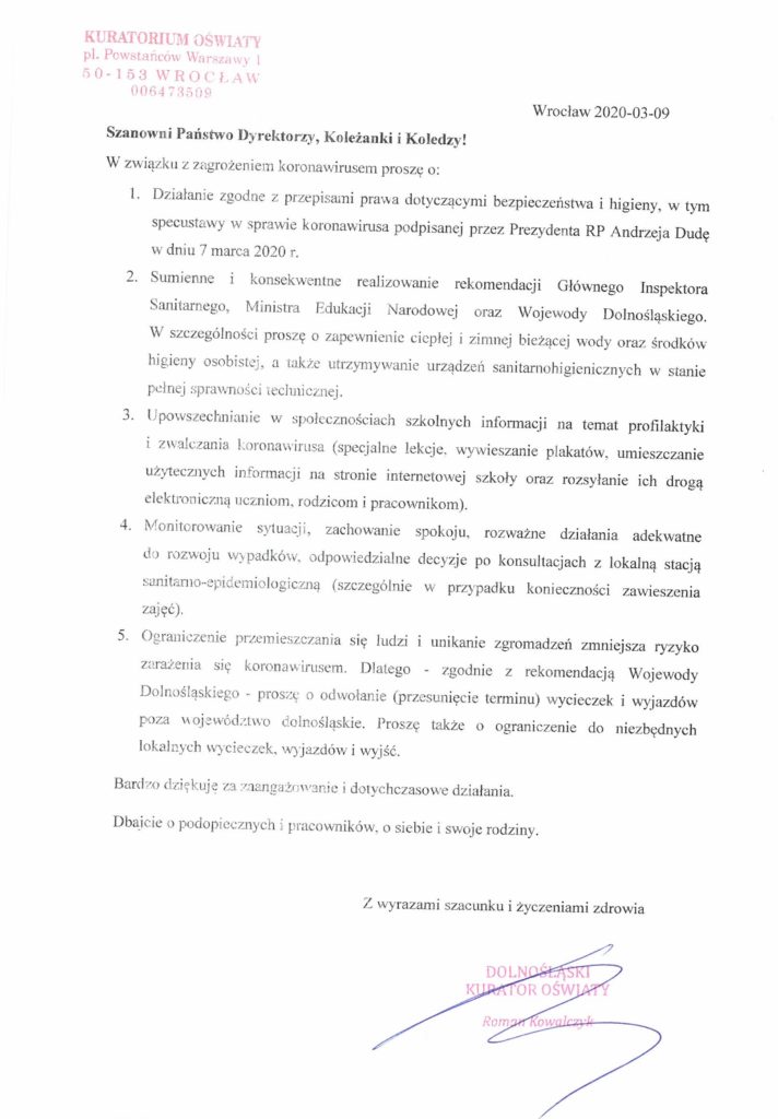Kurator apeluje o odwołanie wycieczek szkolnych