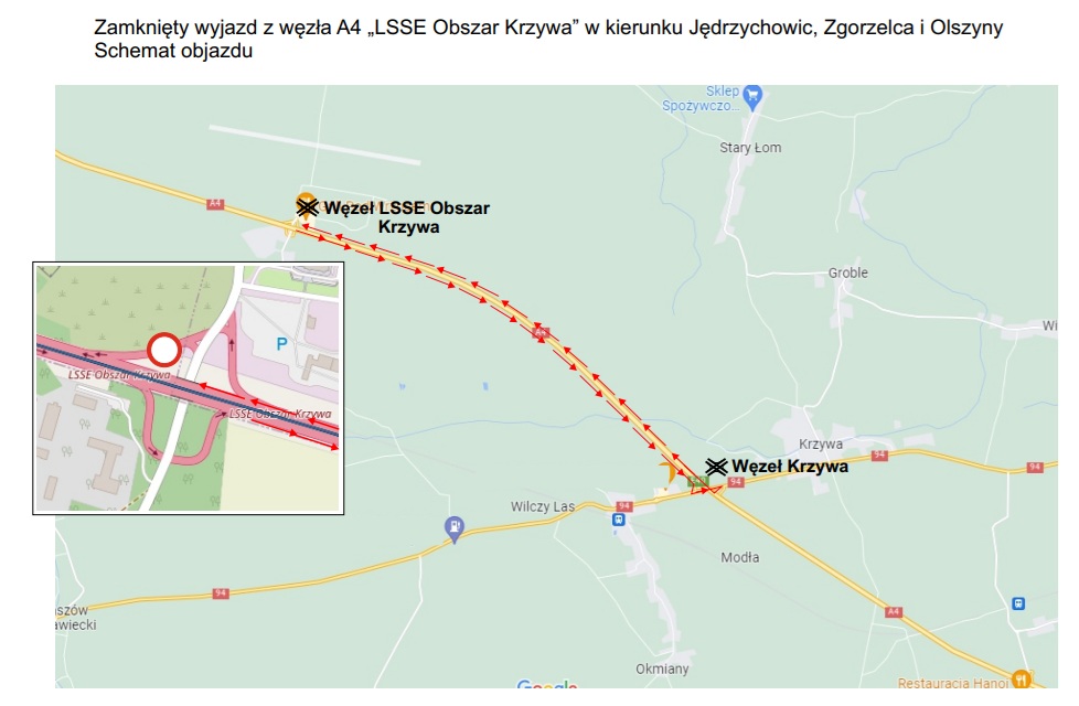 Remont na A4 pod Legnicą! Utrudnienia na węźle LSSE Obszar Krzywa objazd na węźle LSSE Obszar Krzywa