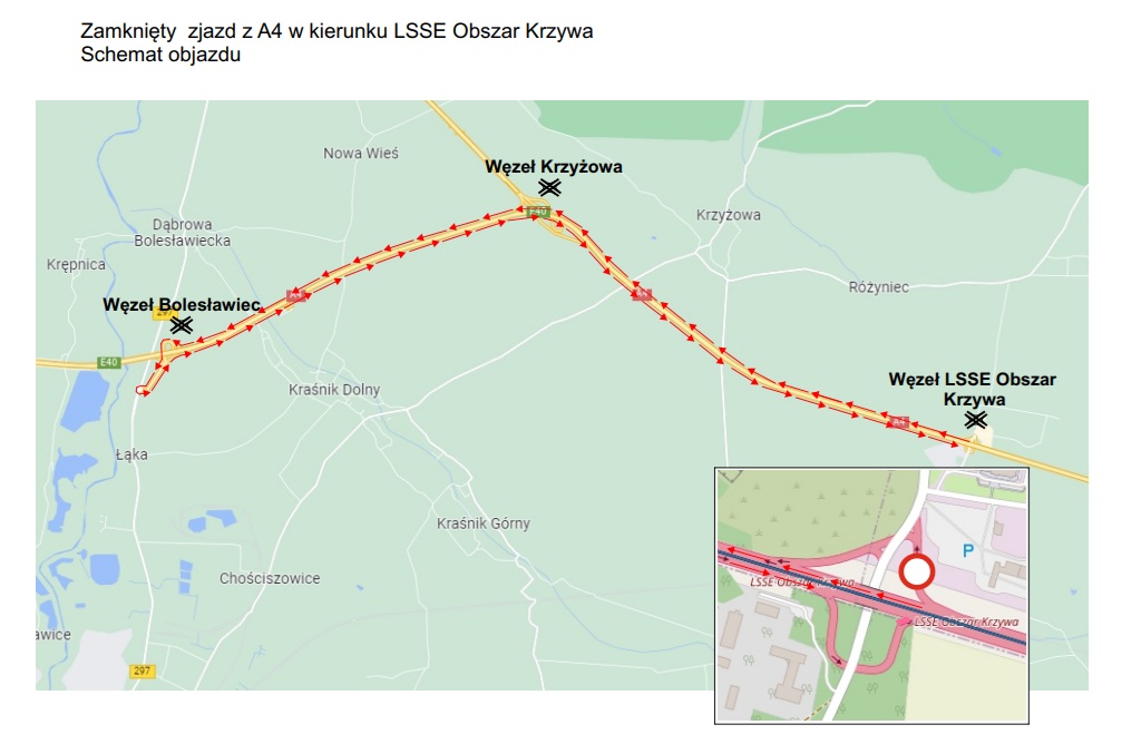 Remont na A4 pod Legnicą! Utrudnienia na węźle LSSE Obszar Krzywa objazd na węźle LSSE Obszar Krzywa
